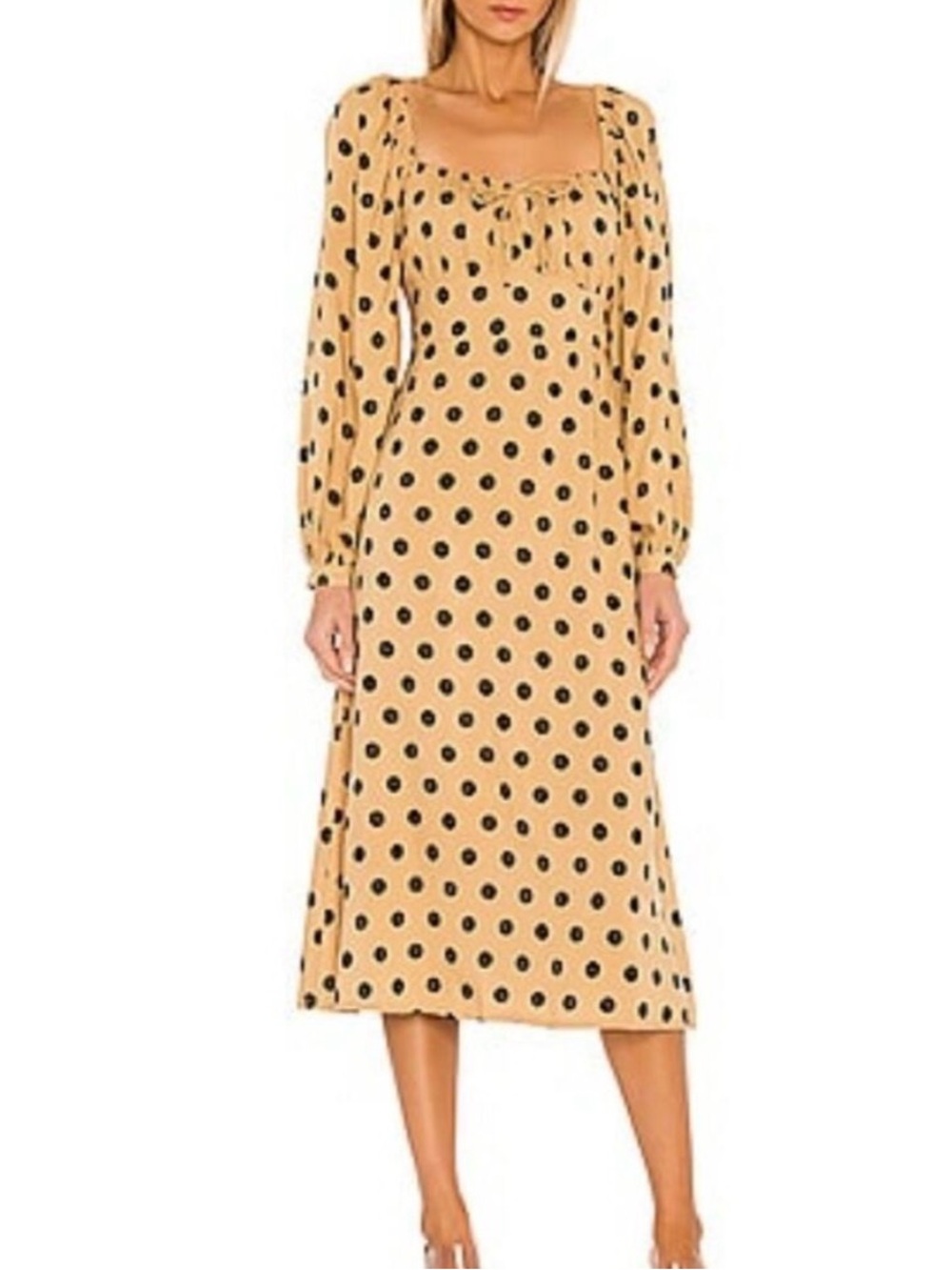 Faithfull the‎ Brand Beige Midi Dress with Black Polka Dots - Picture 3 of 12